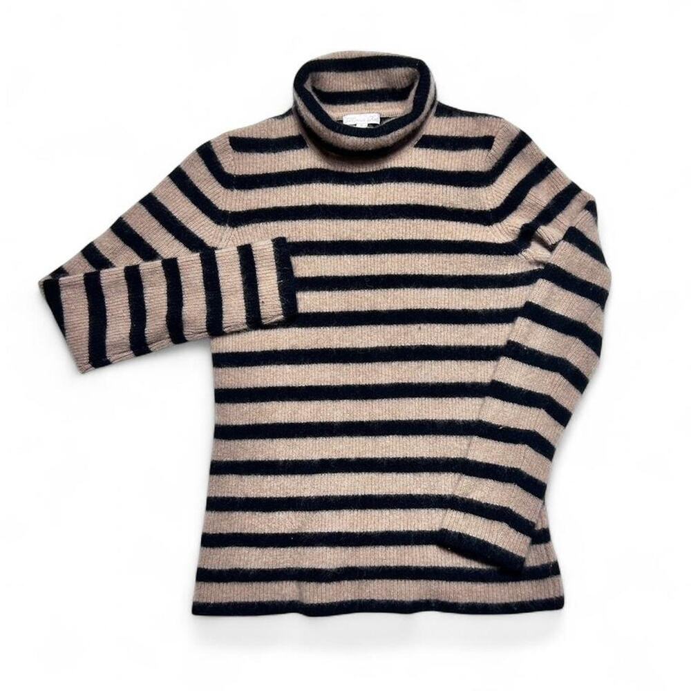 Minnie Rose Y2k Vintage 100% Cashmere Beige Black Striped Turtleneck Sweater Sm